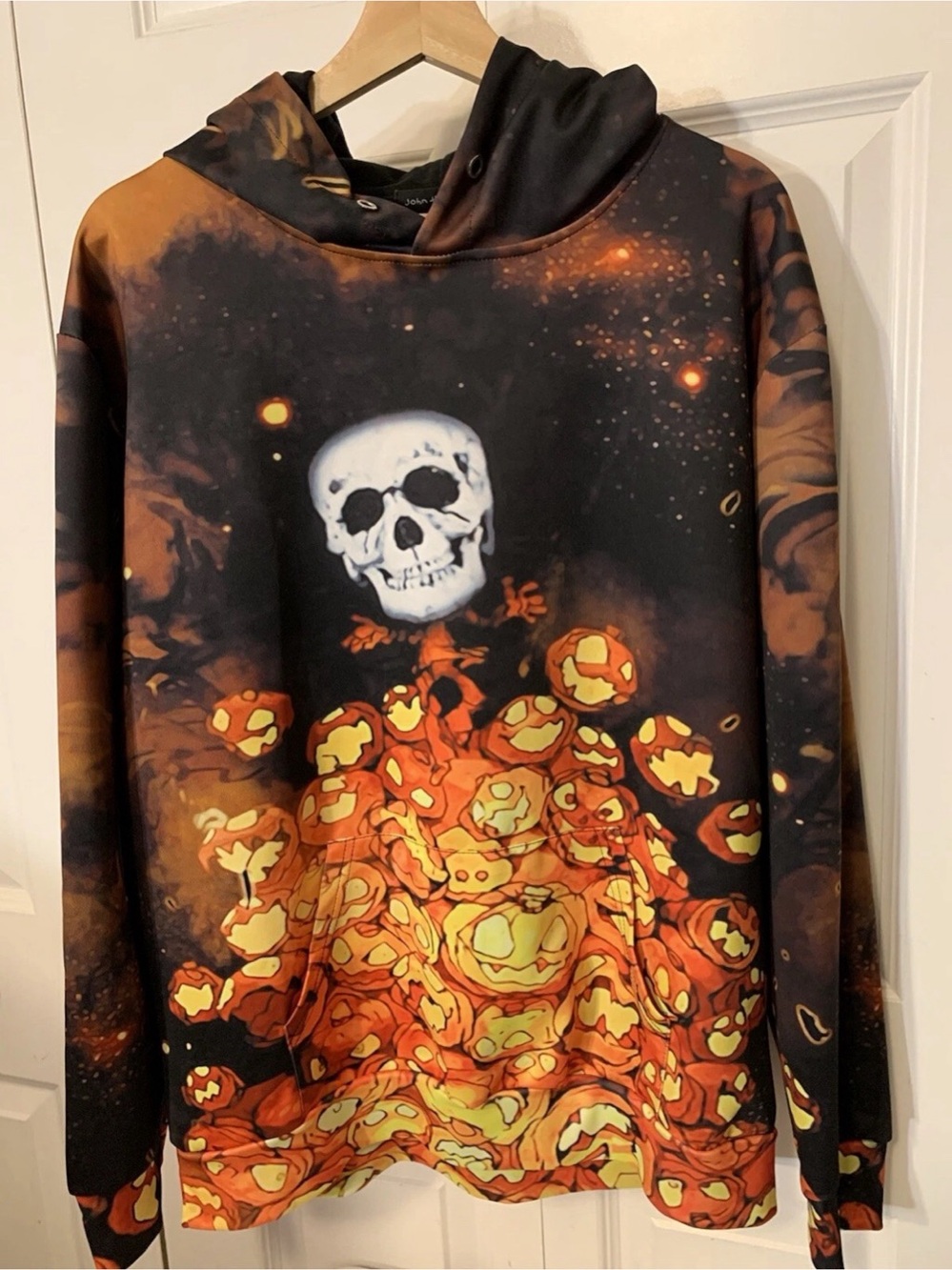 John Hancock Mens XL Hoodie Pullover Hoody Skulls Pumpkins Drip Black Orange